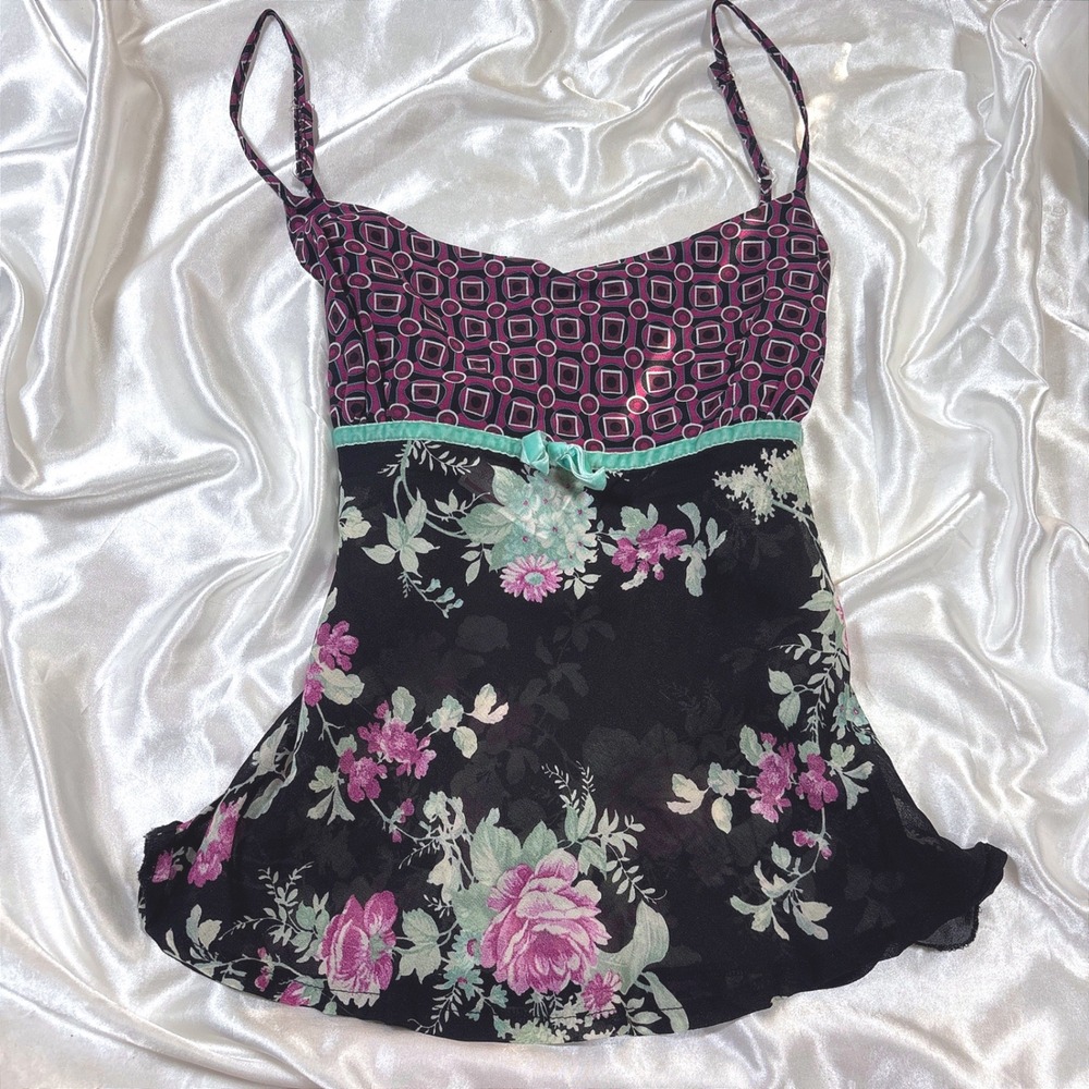 y2k Cami Top Black Excellent Mixed Print Floral Geometric Velvet Bow Camisole